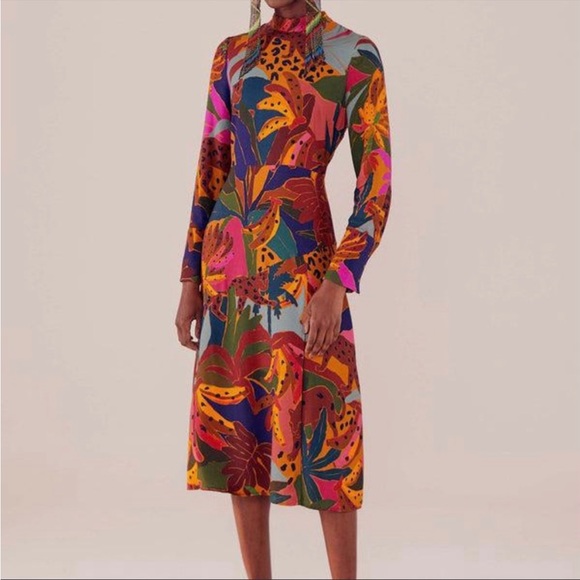 FARM Rio Dresses & Skirts - NEW Farm Rio Leopard jungle Midi Dress long sleeve bananas  size XS